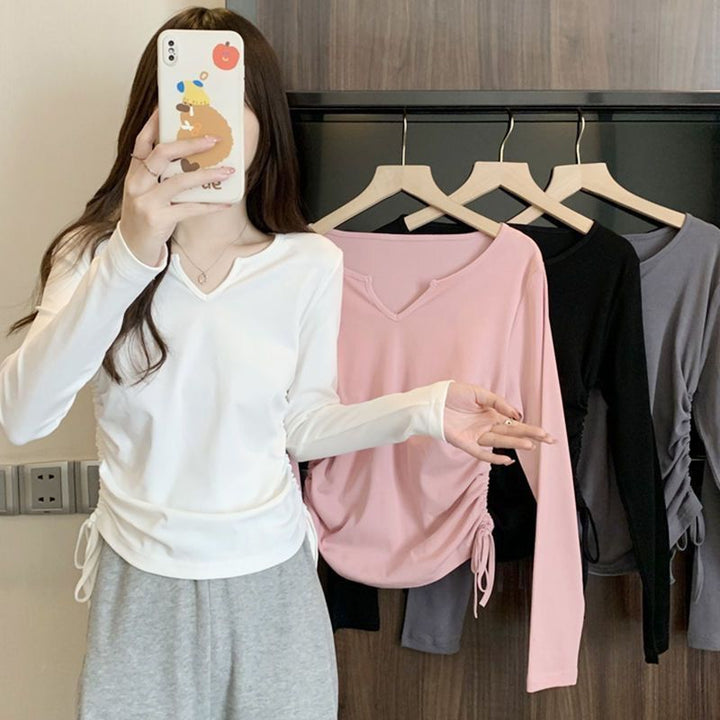 Damen vielseitiges Langarmshirt mit modischem V-Ausschnitt und Raffung Drune