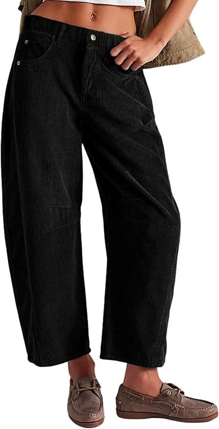 Damen Weite Cordhose mit hoher Taille, Cropped-Bein und Eingriffstaschen Drune
