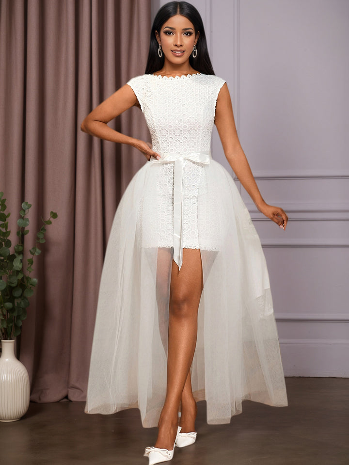 Damen Midi-Brautkleid mit verziertem Oberteil und transparentem Tüll Überrock Drune