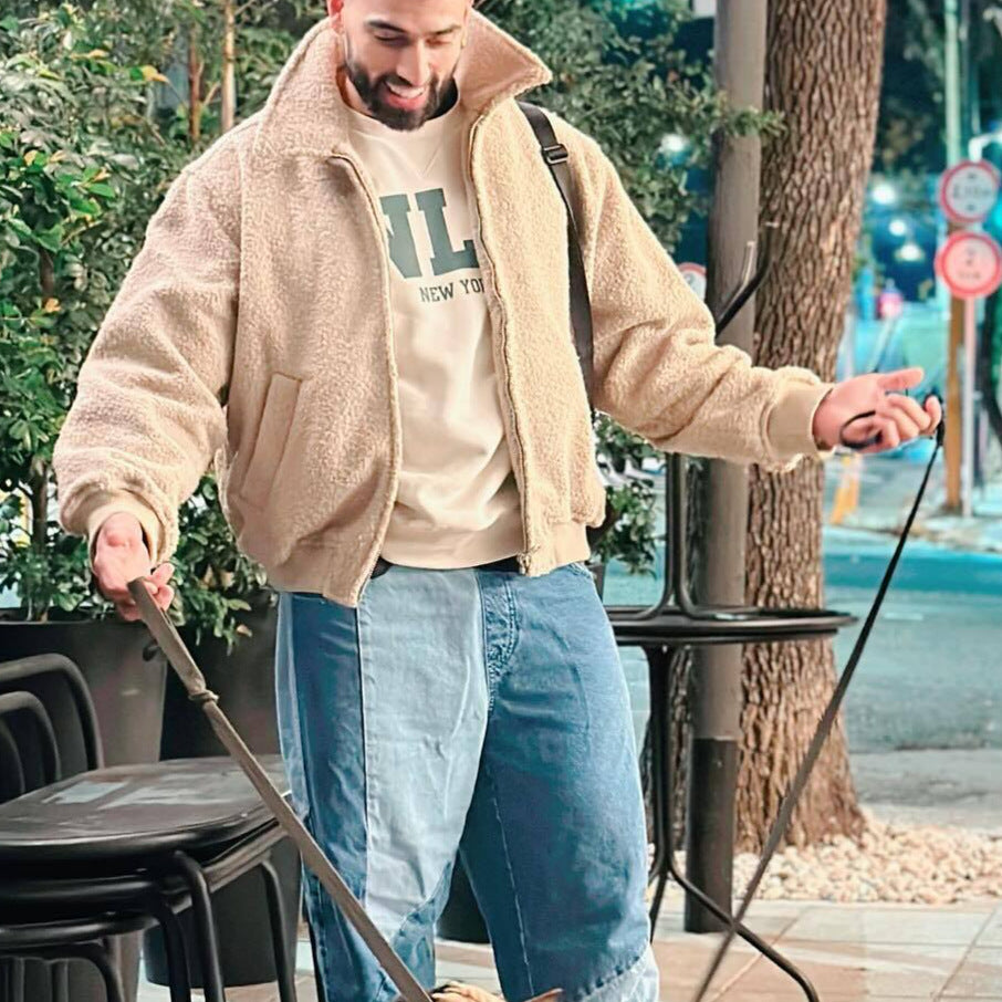 Herren Teddy-Fleece-Blouson mit Reißverschluss, Stehkragen und Rippbündchen Drune