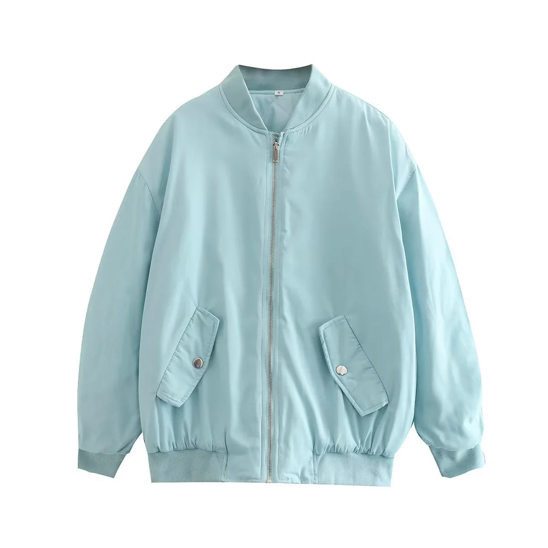 Damen nan oversized Bomberjacke mit Stehkragen, Reißverschluss und Druckknopf-Taschen Drune