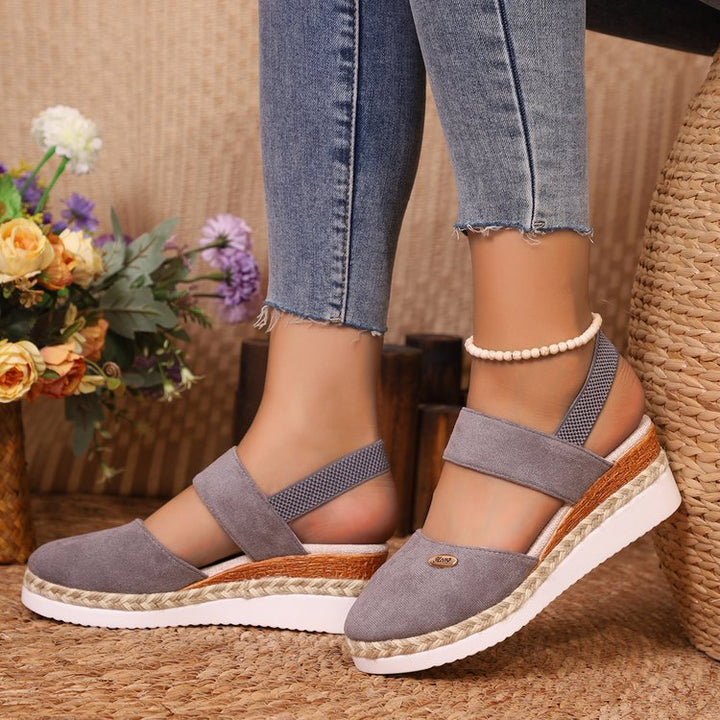 Damen  Espadrille-Keilpantoletten mit elastischem Fersenriemen, Veloursoptik-Obermaterial und geflochtenem Jute-Plateau Drune