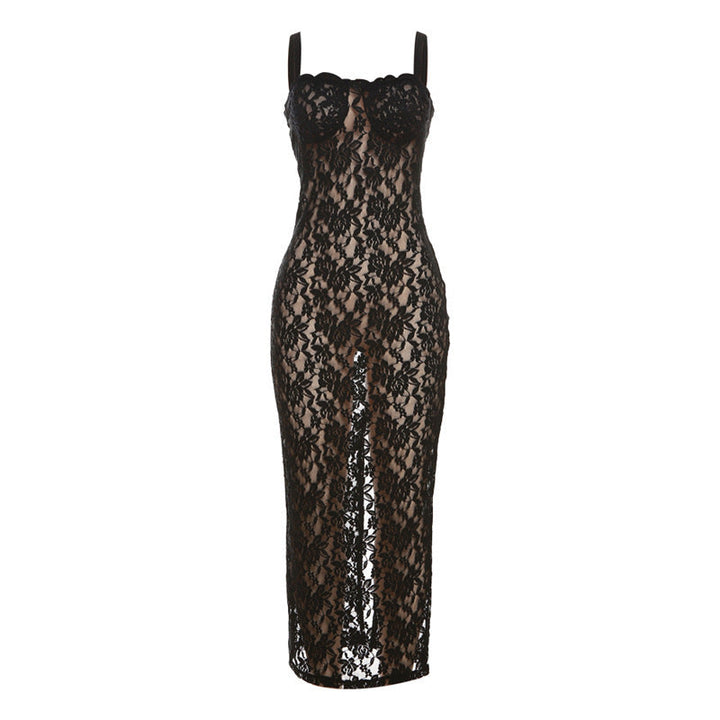 Damen Spitzenkleid mit verführerischem Schlitz und Spaghettiträgern Drune