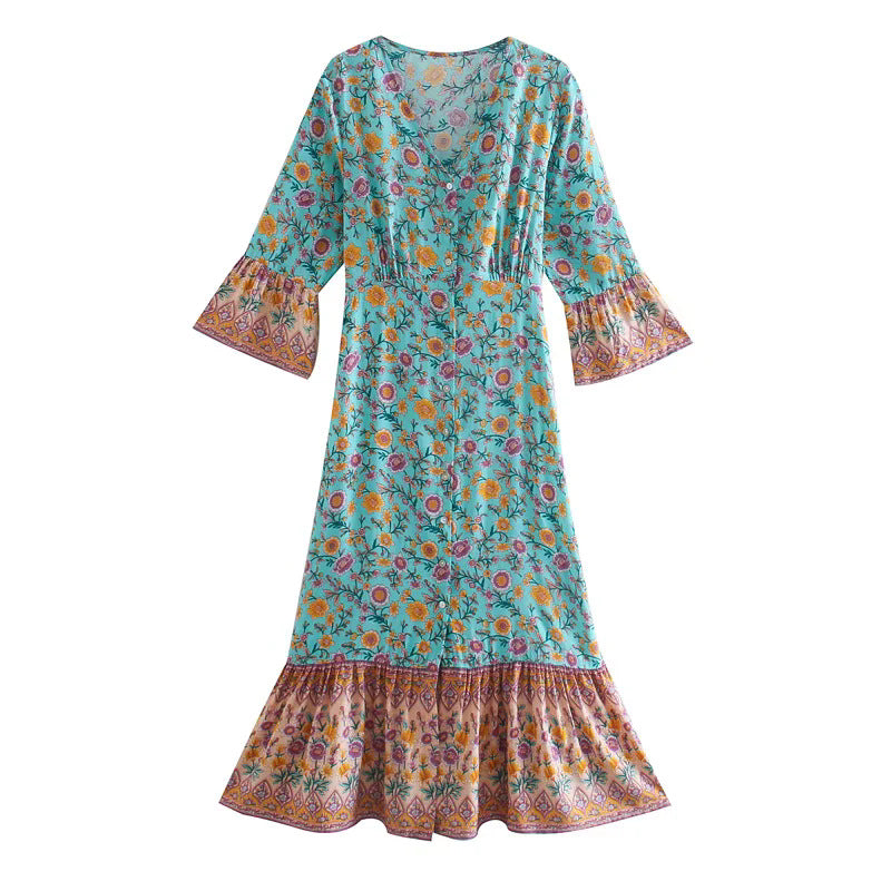 Damen Boho-Maxikleid mit V-Ausschnitt, taillierten Abnähern und Volantärmeln Drune