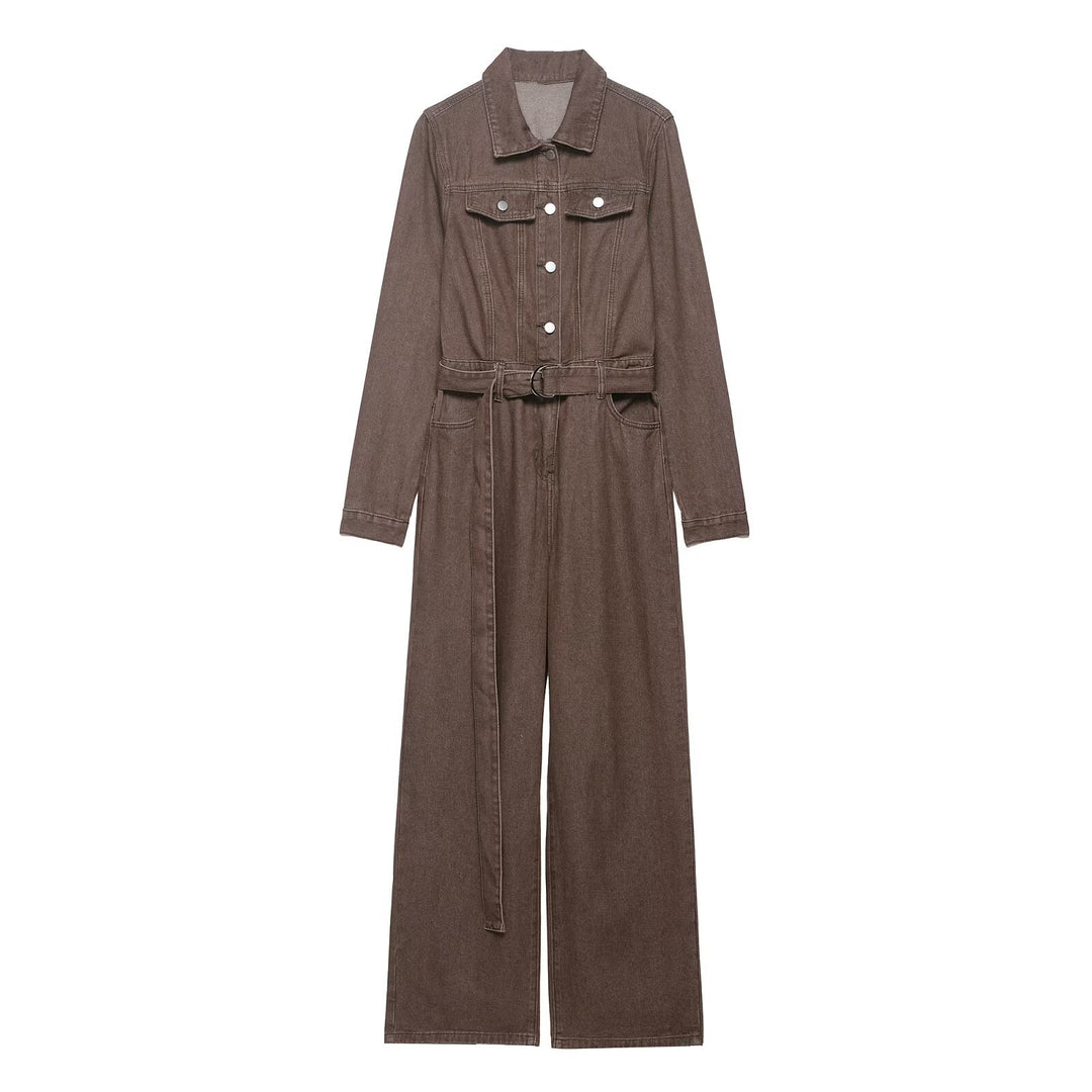 Damen Weicher Denim-Overall mit Hemdkragen, taillierendem Gürtel und weitem Bein Drune