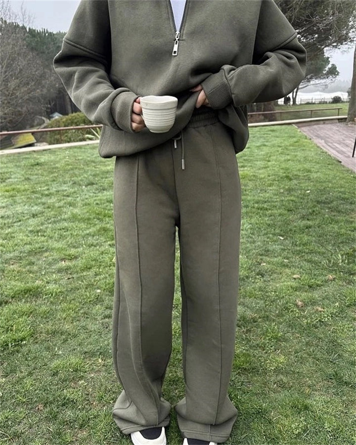 Damen Oversized Fleece-Lounge-Set mit Halb-Reißverschluss und weiten Jogginghosen Drune