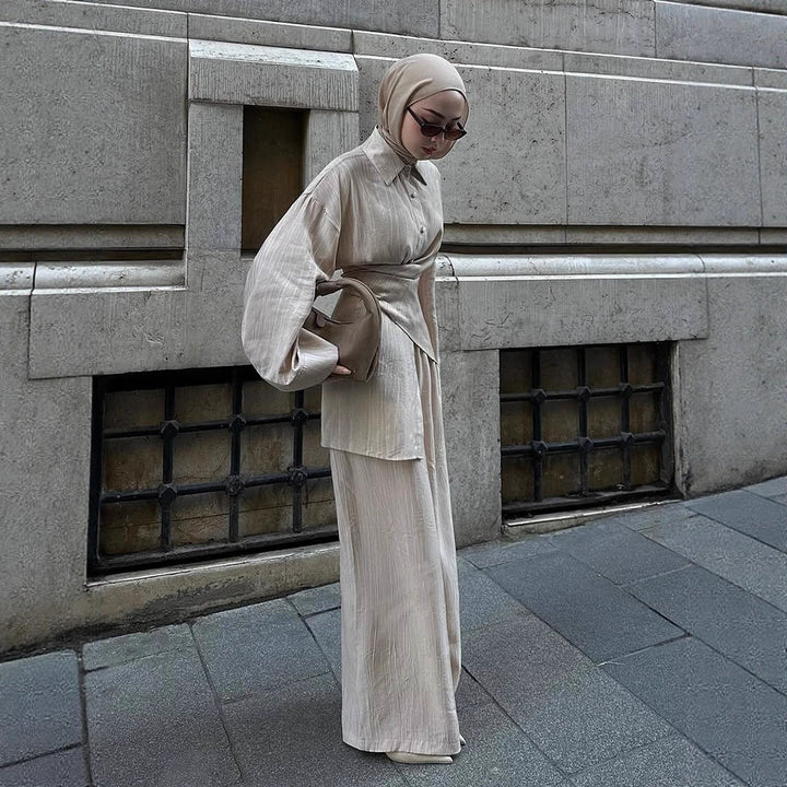 Damen Lässiges Tunika-Set mit Wickelgürtel und weiter Palazzohose Drune