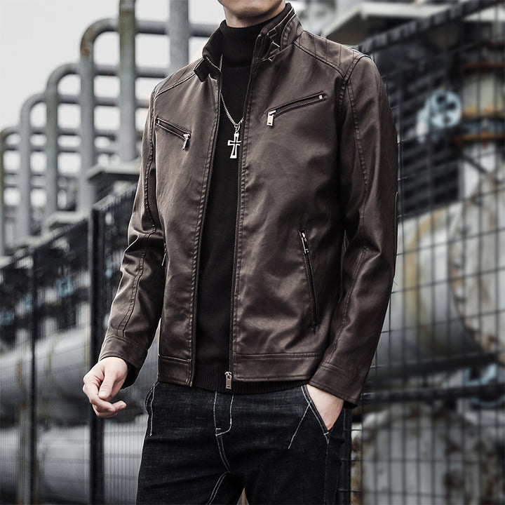 Herren Kunstleder-Motojacke im Aviator‑Stil mit Stehkragen und funktionalen Reißverschlüssen Drune