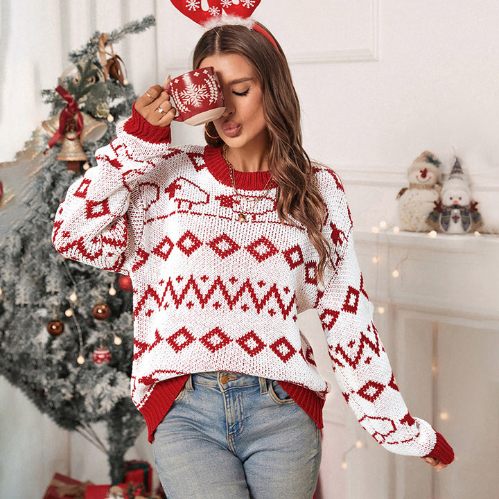 Damen Festlicher Jacquard-Pullover mit Schafbordüre und gerippten Bündchen Drune