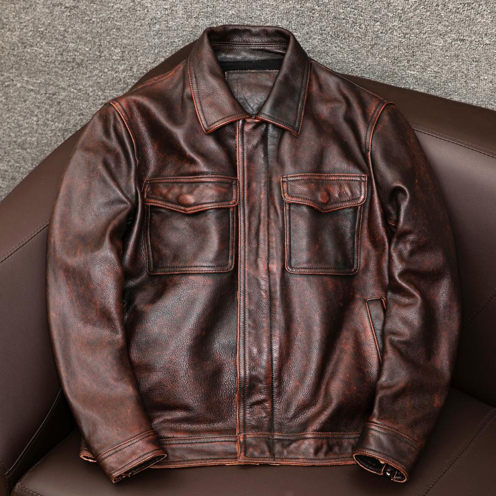 Herren Overshirt-Lederjacke mit Brusttaschen und verdecktem Reißverschluss Drune