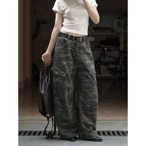 Damen Weite High‑Waist Cargo‑Ballonhose im Camouflage‑Look mit großen Klappentaschen Drune