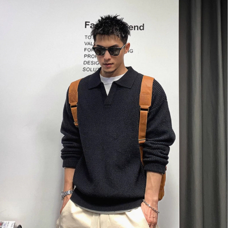 Herren Grobmaschiger Polokragen-Pullover mit verdeckter Halbleiste und geripptem Saum Drune