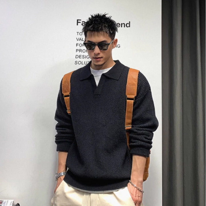 Herren Grobmaschiger Polokragen-Pullover mit verdeckter Halbleiste und geripptem Saum Drune