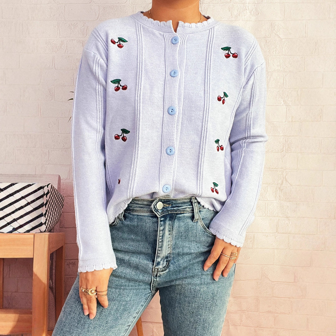 Damen verspielte Strickjacke mit Kirschenmotiv und Rüschenkragen Drune