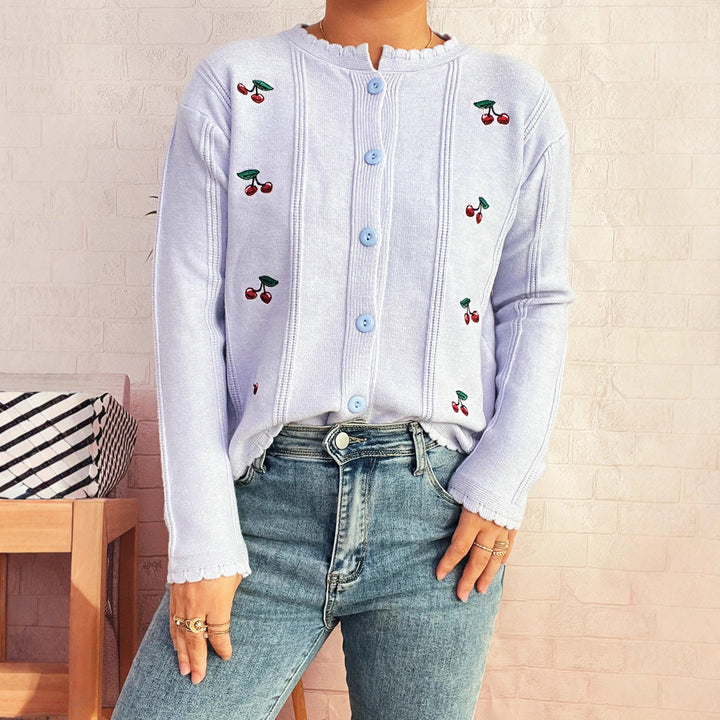 Damen verspielte Strickjacke mit Kirschenmotiv und Rüschenkragen Drune