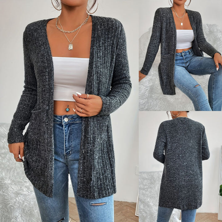 Damen Strickjacke mit offenen Front und diaganalem Rippstrickmuster Drune