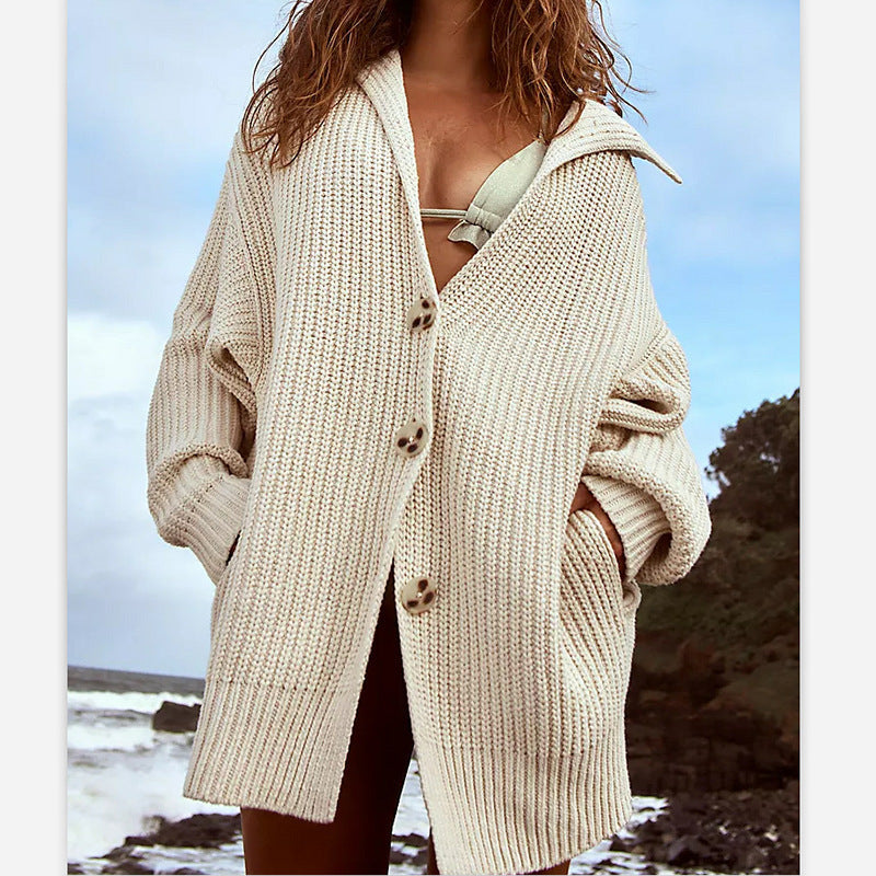 Damen Grobstrick Cardigan mit offenem Design und großem Kragen Drune