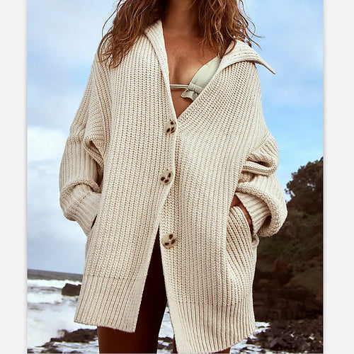 Damen Grobstrick Cardigan mit offenem Design und großem Kragen Drune