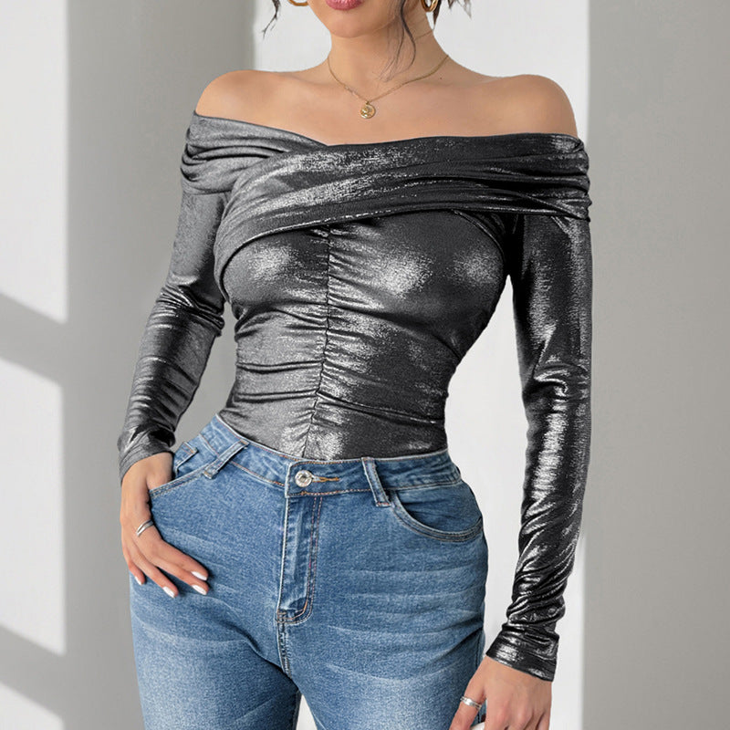 Damen Schulterfreies, glänzendes Metallic-Bodyshirt mit Mittelraffung & enganliegender Passform Drune