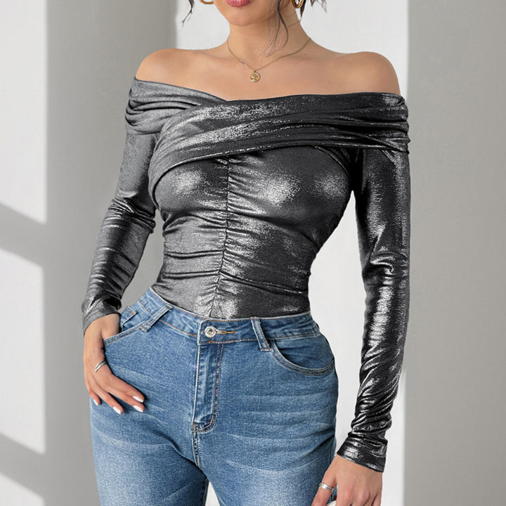 Damen Schulterfreies, glänzendes Metallic-Bodyshirt mit Mittelraffung & enganliegender Passform Drune