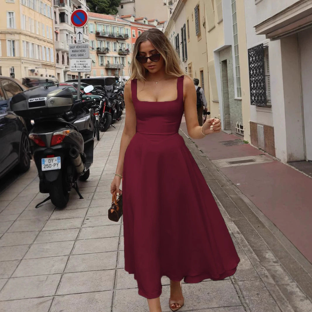 Damen Elegantes Maxikleid mit quadratischem Ausschnitt und fließendem Rock Drune