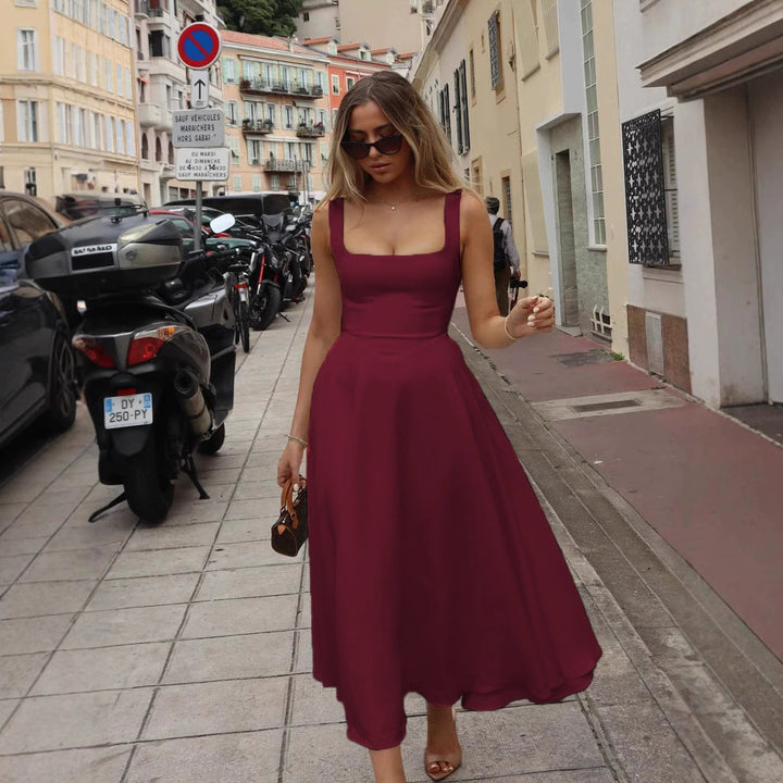 Damen Elegantes Maxikleid mit quadratischem Ausschnitt und fließendem Rock Drune
