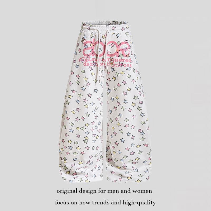 Damen Weite Lounge-Palazzohose mit hohem Elastikbund, Kordelzug und Sternchen-Allover Drune