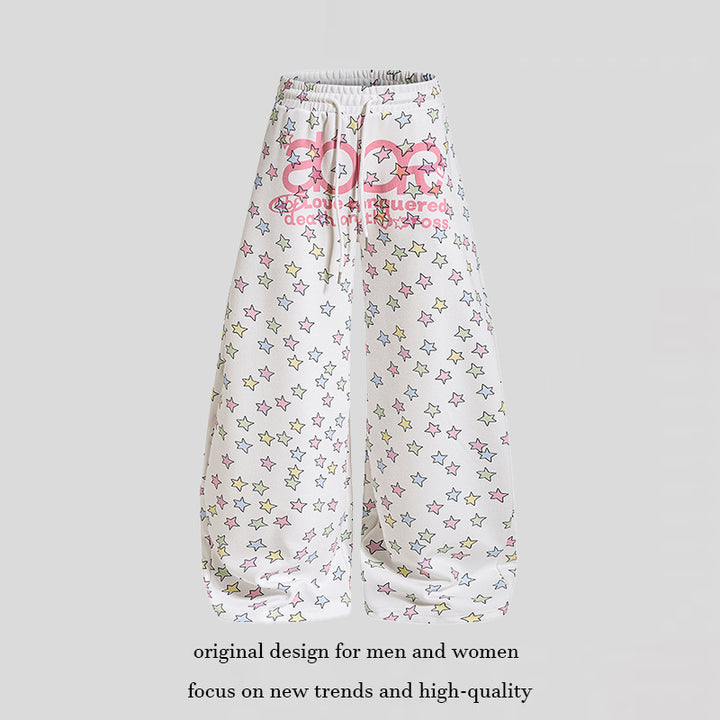 Damen Weite Lounge-Palazzohose mit hohem Elastikbund, Kordelzug und Sternchen-Allover Drune