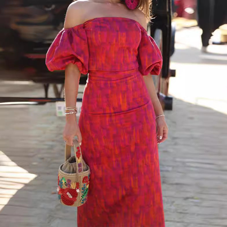 Damen figurbetontes Maxikleid mit Puffärmeln und elegantem V-Ausschnitt Drune