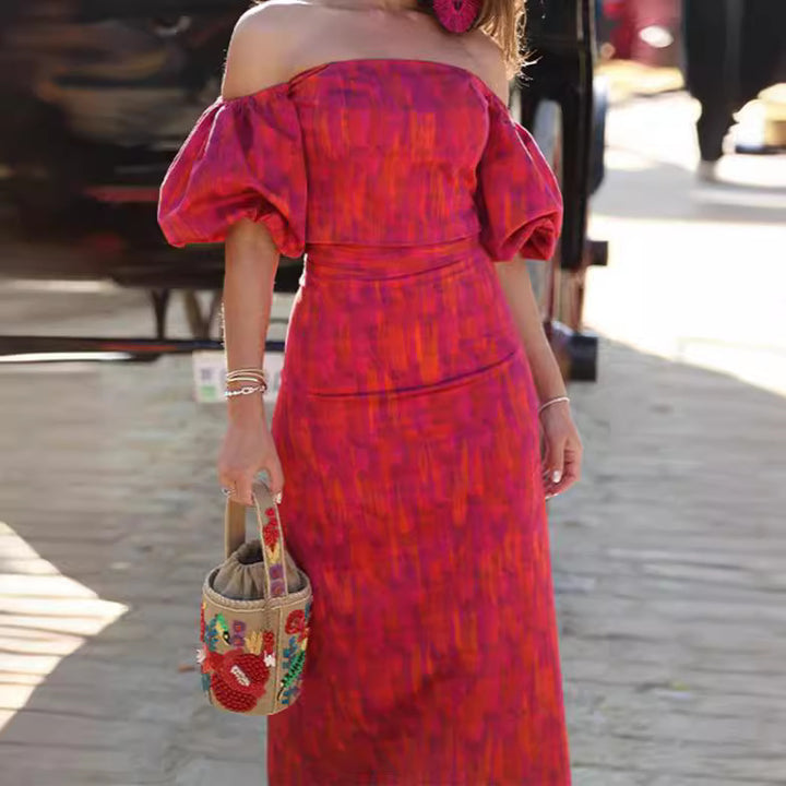 Damen figurbetontes Maxikleid mit Puffärmeln und elegantem V-Ausschnitt Drune