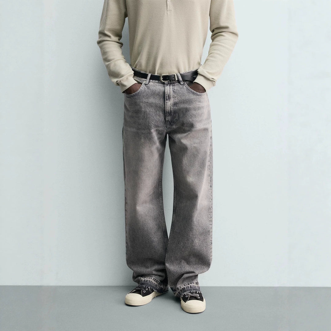 Herren Gerade geschnittene Jeans mit hoher Leibhöhe und Vintage‑Washed-Effekt Drune