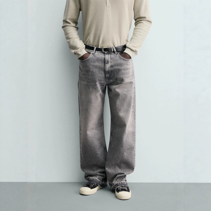 Herren Gerade geschnittene Jeans mit hoher Leibhöhe und Vintage‑Washed-Effekt Drune