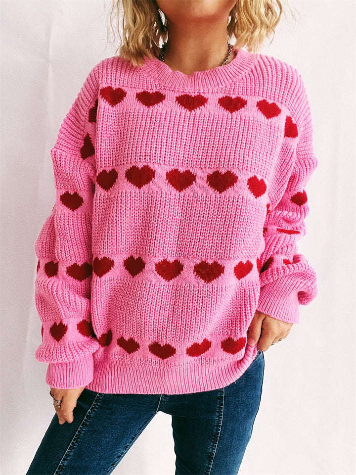 Damen gemütlicher Herzmuster-Strickpullover mit weiten Ärmeln Drune