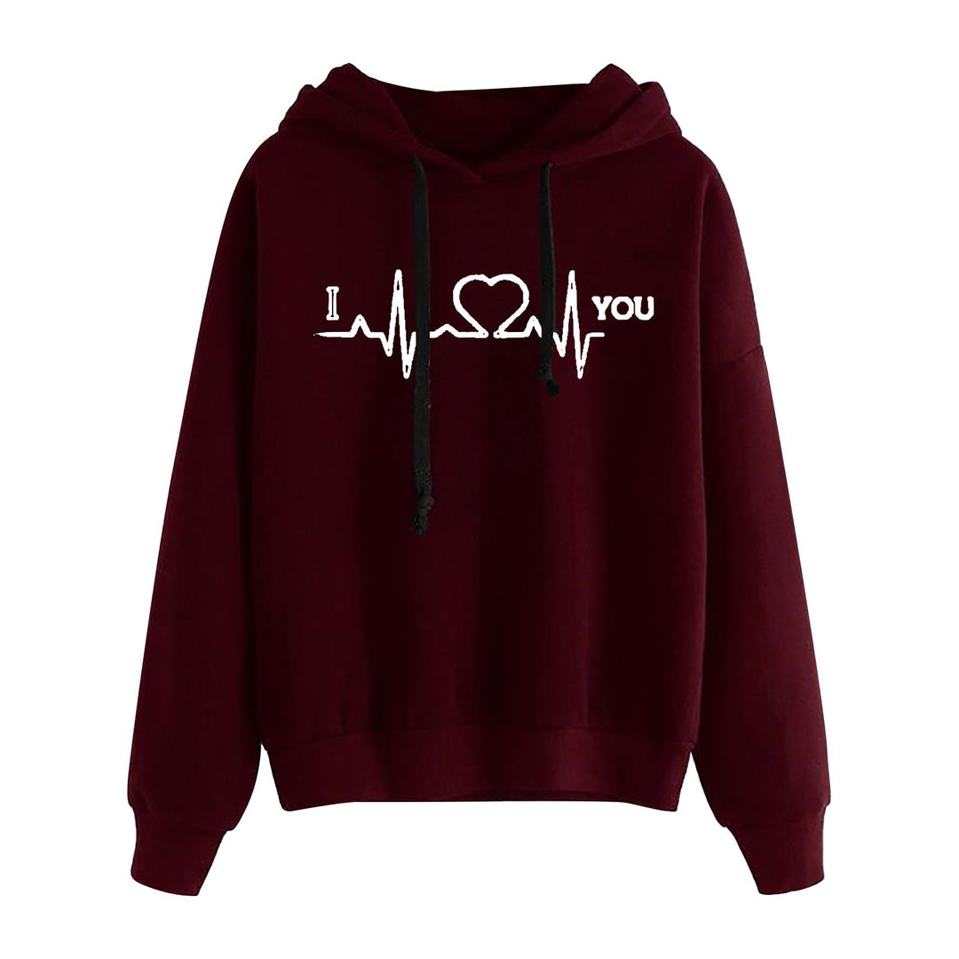 Damen nan leichter Oversize Kapuzenpullover mit Herz‑EKG‑Motiv, langen Kordeln und elastischem Bund Drune