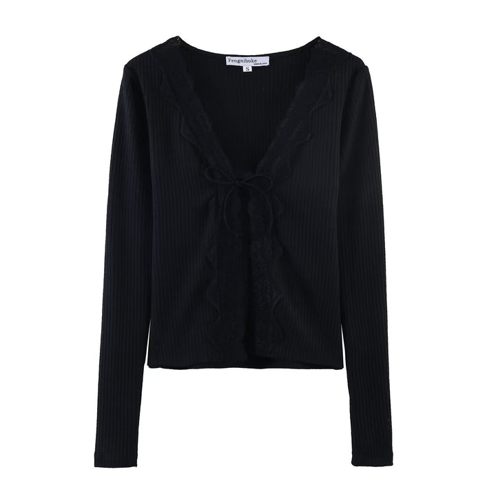 Damen Geripptes Cropped-Langarmtop mit Spitzen-V-Ausschnitt und Bindeband Drune