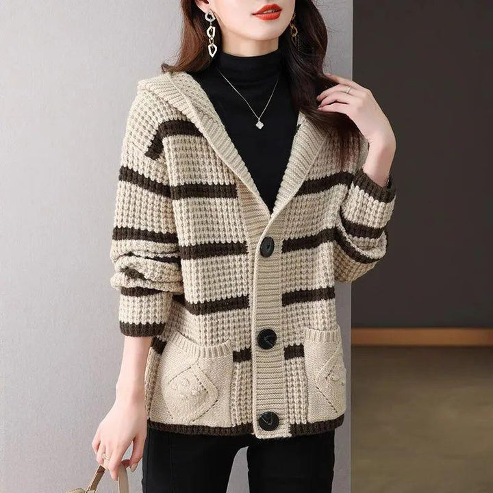 Damen Strickjacke mit Kapuze und dekorativem Karomuster Drune