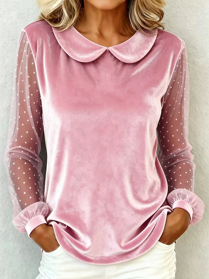 Damen Kuschelige Samtbluse mit Peter-Pan-Kragen und gepunkteten Mesh-Ärmeln Drune