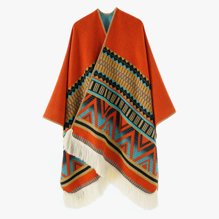 Damen Gewebter Ethno-Poncho mit Fransen und Jacquardmuster Drune