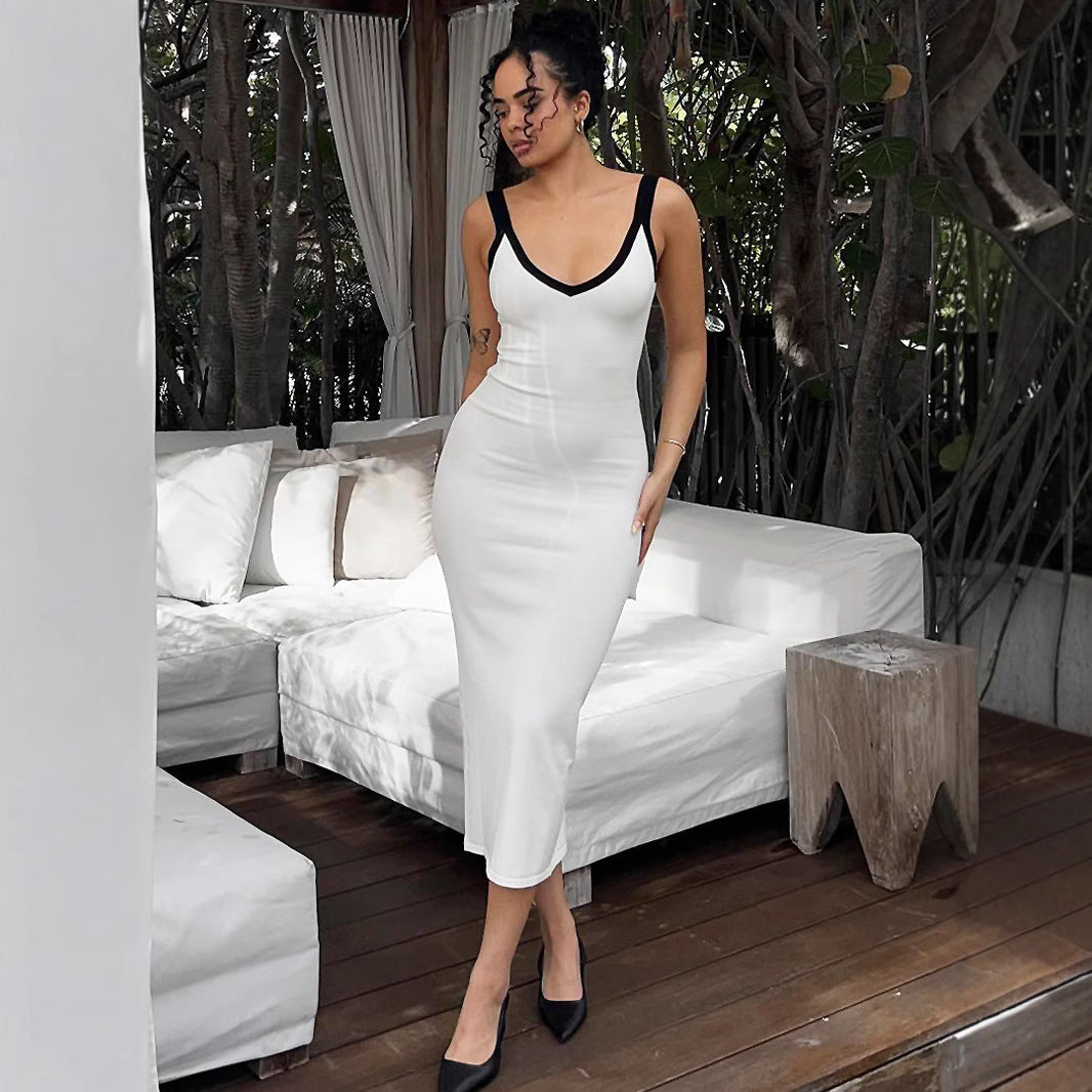 Damen Figurbetontes Midikleid mit tiefem V-Ausschnitt und kontrastierenden Trägern Drune