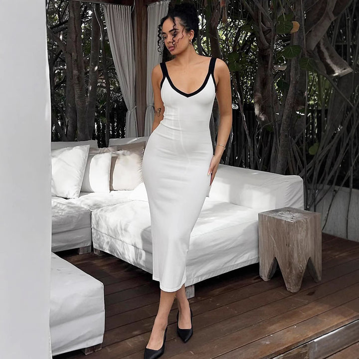 Damen Figurbetontes Midikleid mit tiefem V-Ausschnitt und kontrastierenden Trägern Drune