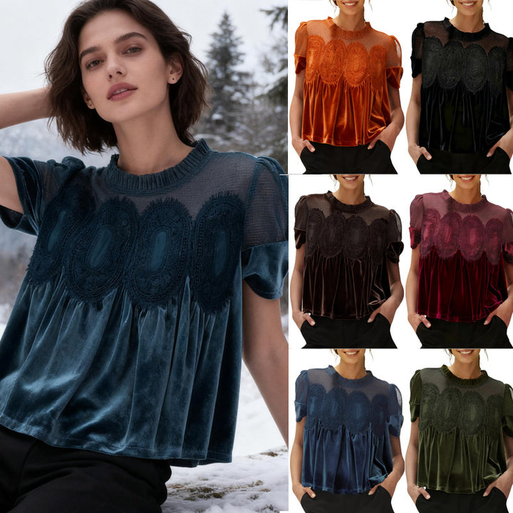 Damen Samtbluse mit Spitzenbesatz, transparentem Einsatz und geraffter A-Linie Drune