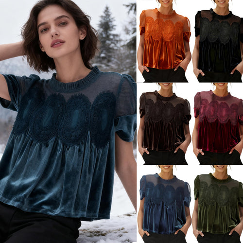 Damen Samtbluse mit Spitzenbesatz, transparentem Einsatz und geraffter A-Linie Drune