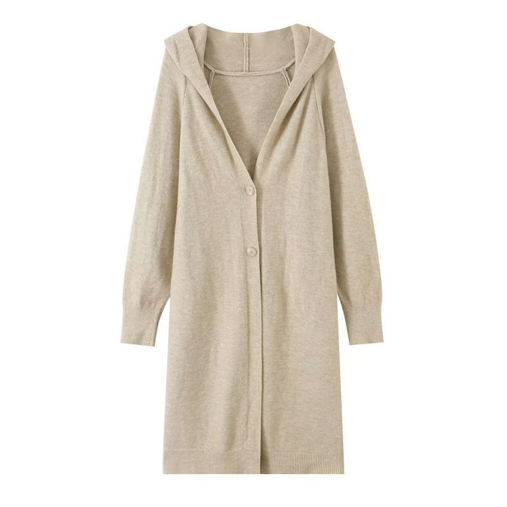 Damen Langer Kapuzen-Cardigan aus Feinstrick mit Knopfleiste und Rippbündchen Drune