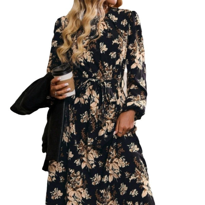 Damen Midikleid mit floralen Details und Taillengürtel Drune