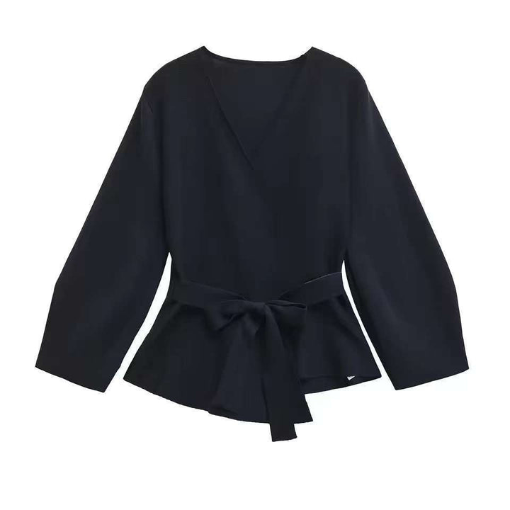Damen Taillierte Bluse mit Wickelgürtel und Schößchen Drune