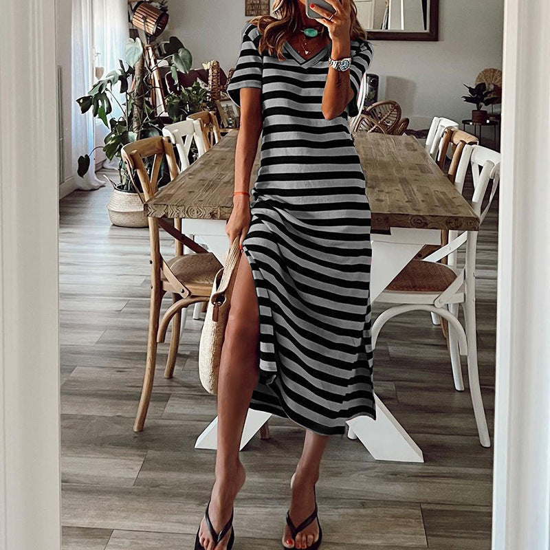 Damen Maxikleid mit tiefem Seitenschlitz und modischem Streifenmuster Drune