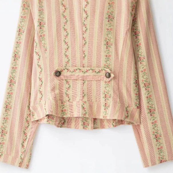 Damen Cropped Blazerjacke im Vintage‑Streifen‑Look mit Stehkragen und asymmetrischer Knopfleiste Drune