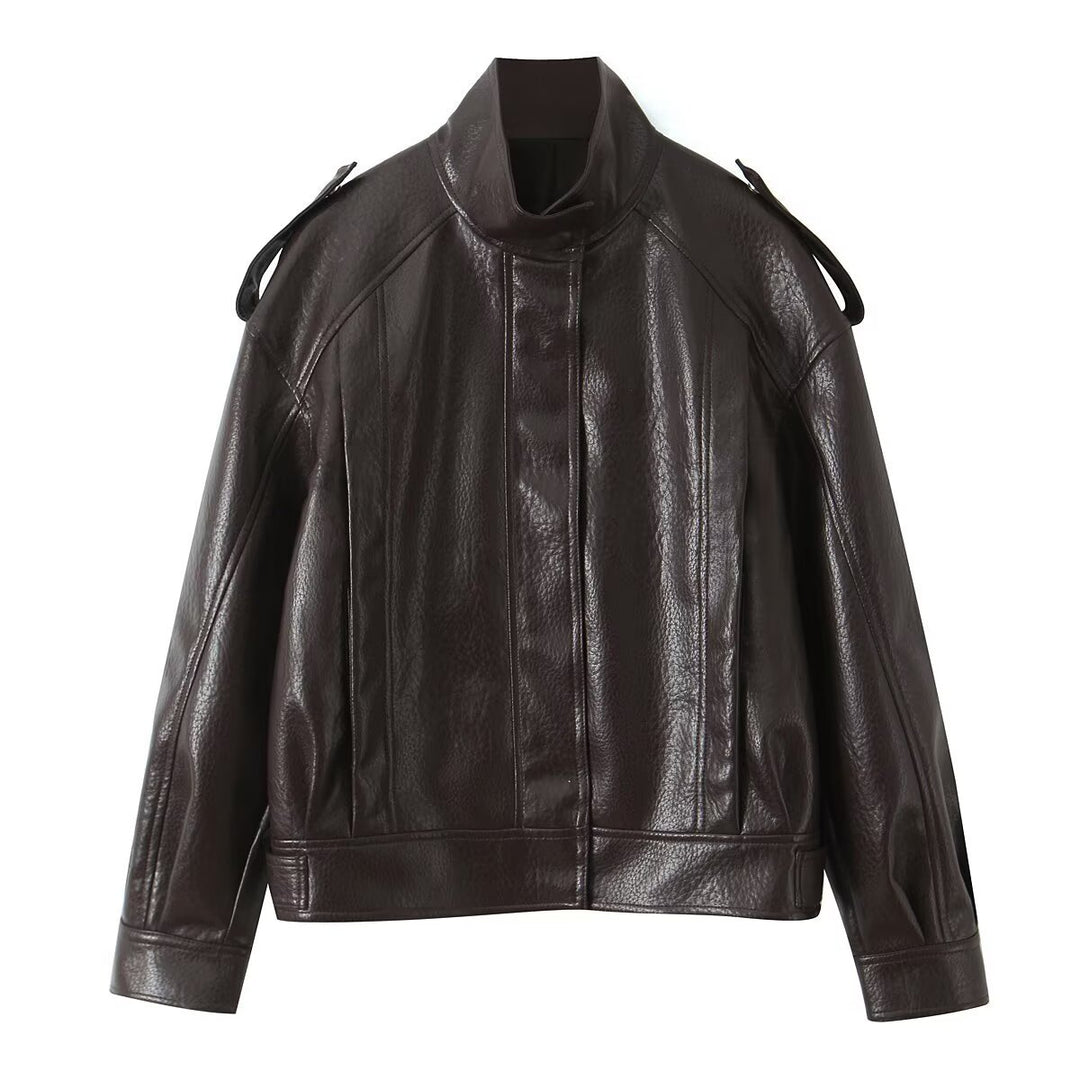 Damen Cropped Bomberjacke aus Kunstleder mit hohem Stehkragen und Schulterklappen Drune