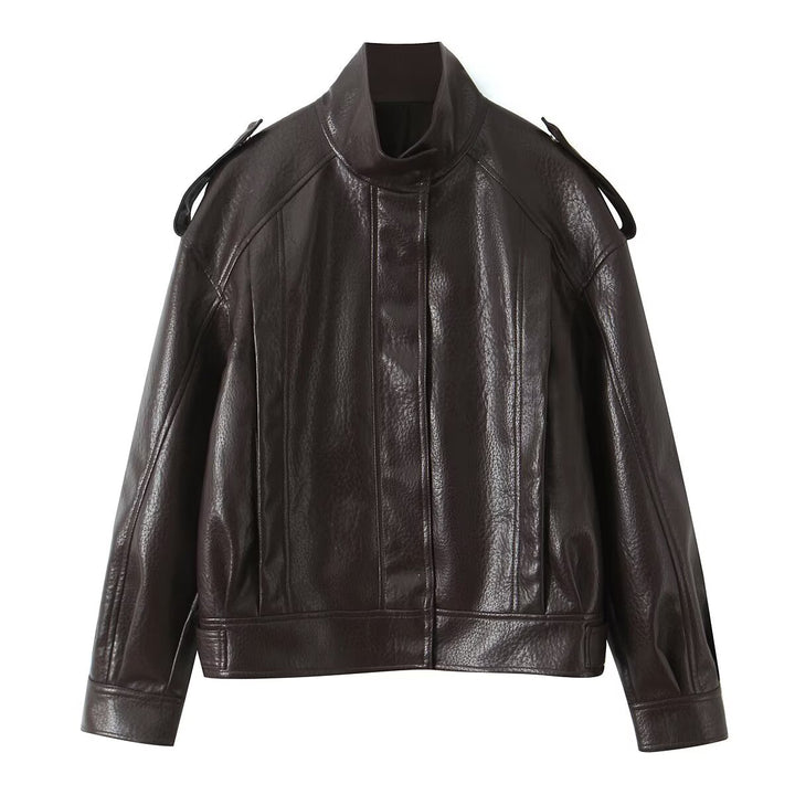 Damen Cropped Bomberjacke aus Kunstleder mit hohem Stehkragen und Schulterklappen Drune