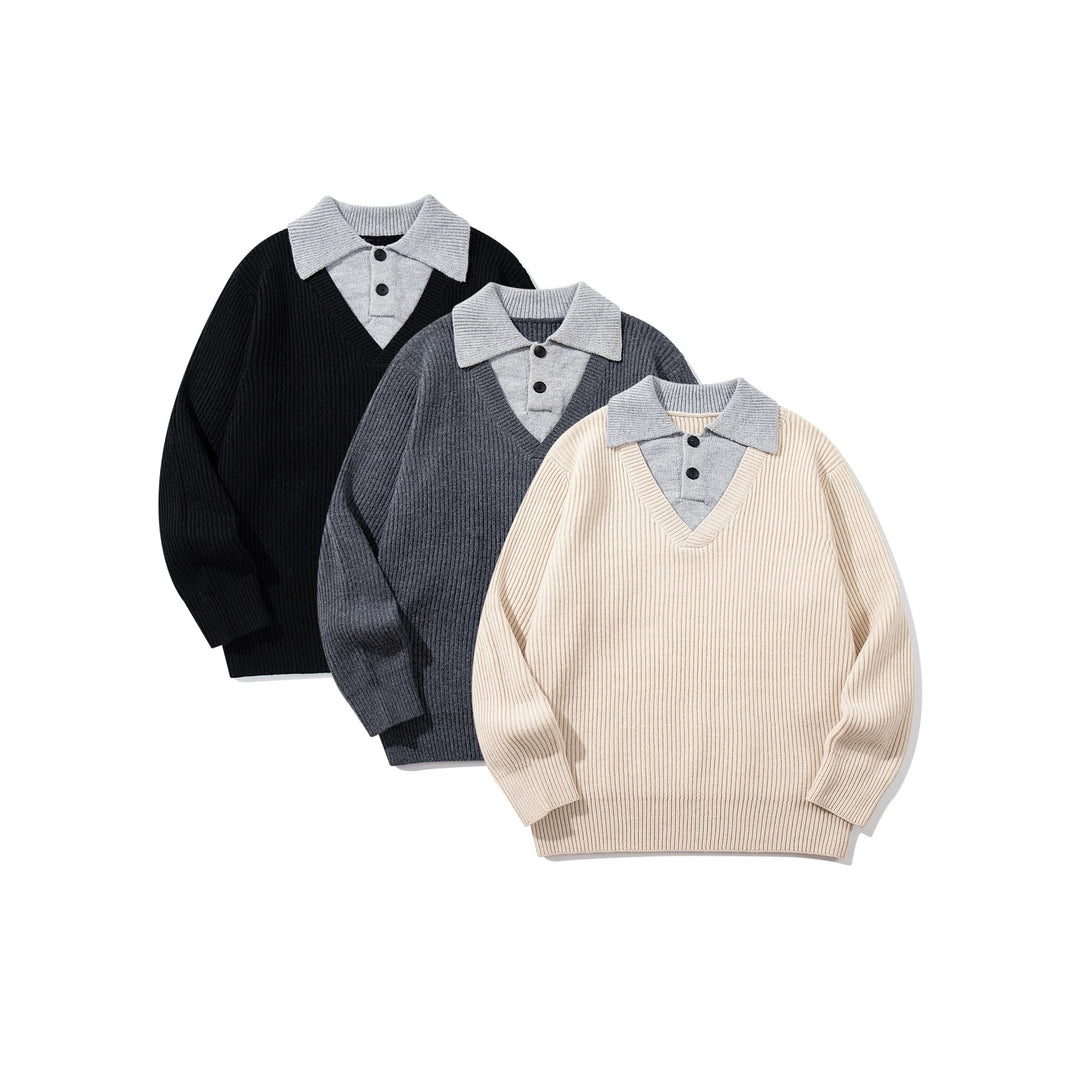Herren Gerippter Strickpullover mit Polokragen‑Einsatz und tiefem V‑Ausschnitt Drune